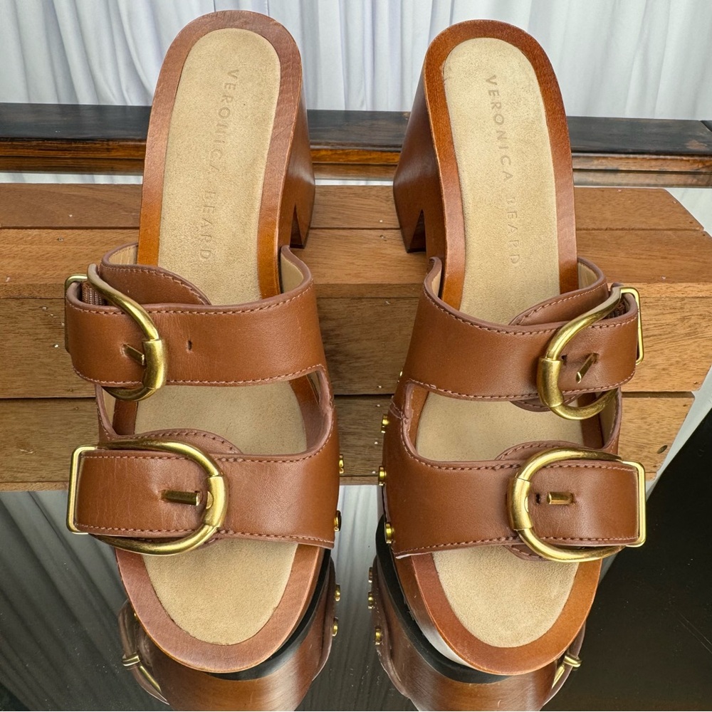 Veronica Beard Hilfax Brown Leather Double-Buckle Clog Heels Women’s Size 6.5 - Picture 3 of 11